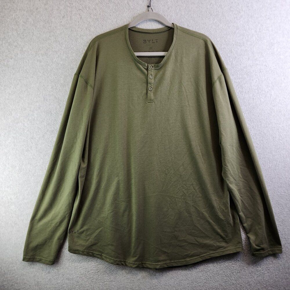 BYLT Shirt Mens XXL Green Drop Cut Henley Tee Grunge Workout Gym Muscle